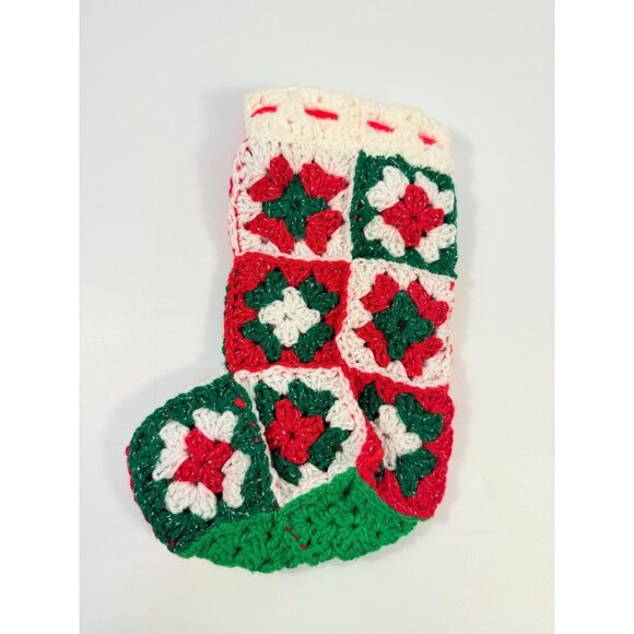 White Granny Square Christmas Stocking 13 Retro Handmade |Vintage Handmade - Picture 8 of 14